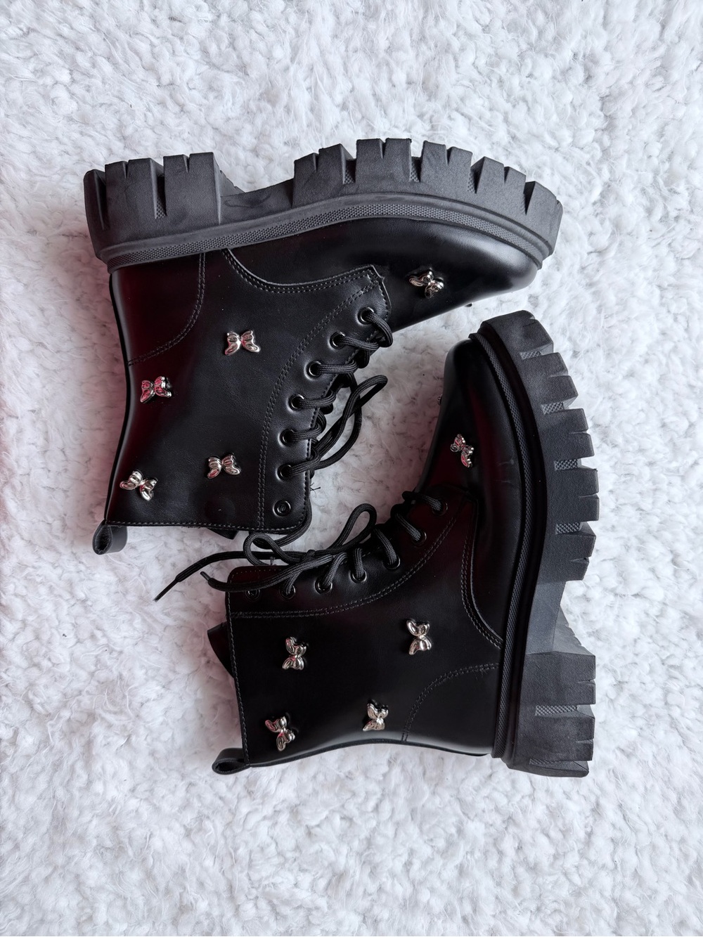 Women's Black Lace-Up Platform Boots with Silver Butterfly Studs